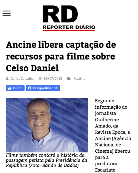 Ancine libera captação de recursos para filme sobre Celso Daniel